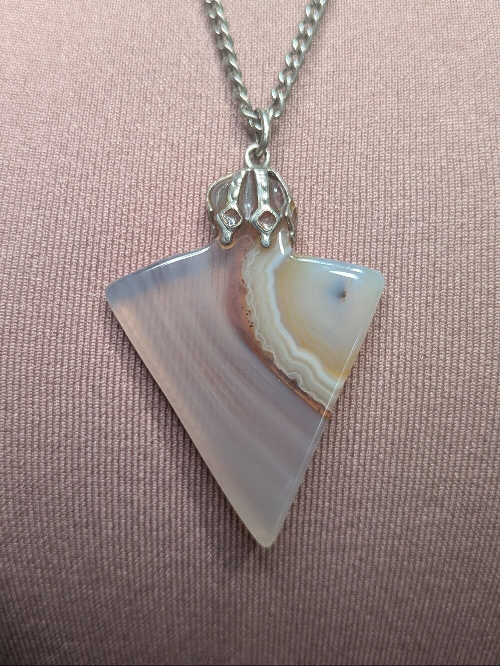 Vintage Large Geometric Triangle Banded Agate Slice Statement Pendant Necklace
